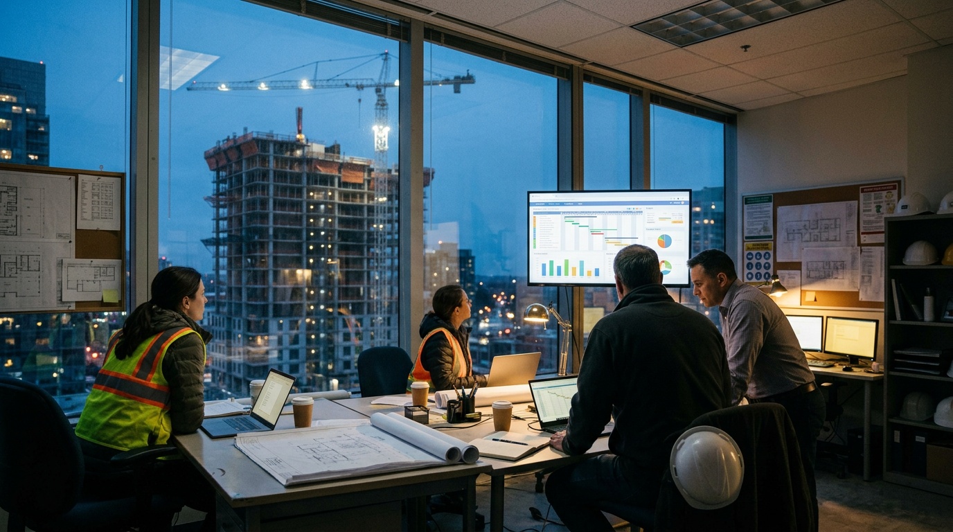 AI-generated image: construction project team reviewing a schedule on a large screen in a site office at dusk