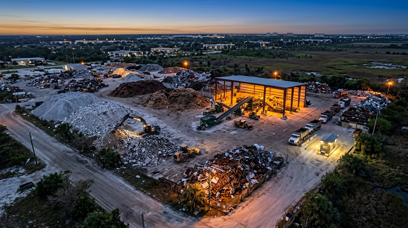 AI-generated image: construction and demolition recycling yard with sorted piles of concrete, wood and metal at dusk