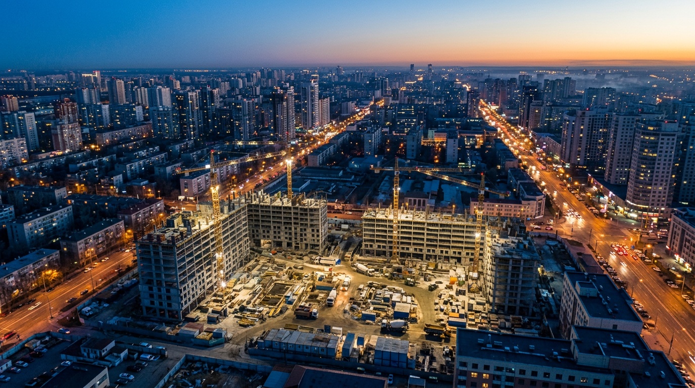 AI-generated image: busy construction sites across a growing city at dusk