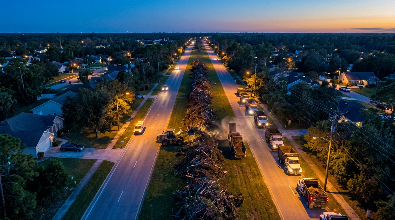 AI-generated image: Storm debris stacked in a road median with a loader, grinder and a line of dump trucks