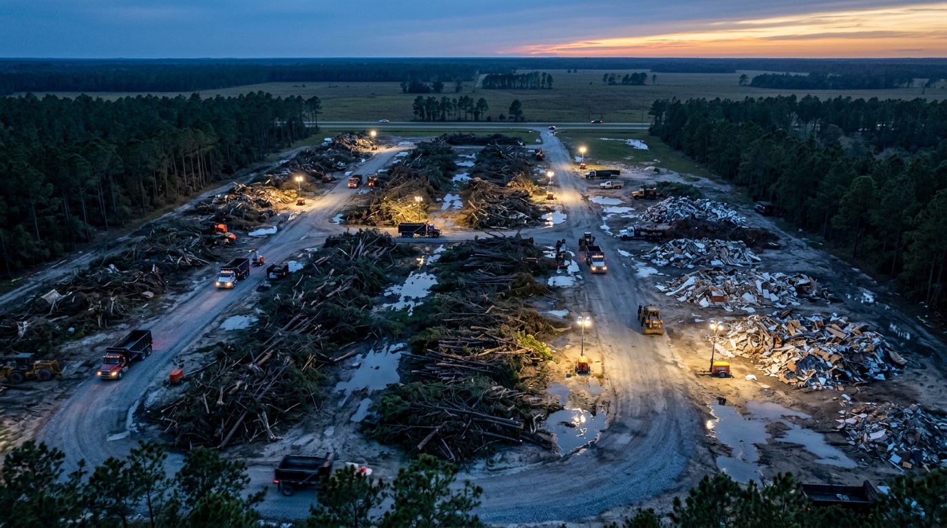 AI-generated image: Temporary debris site with long piles of storm debris and trucks on haul roads at dusk