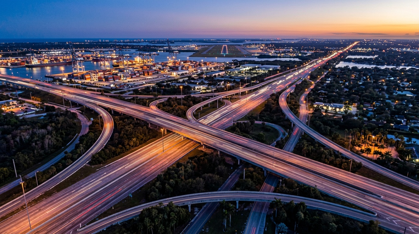 AI-generated image: Florida highway interchange, airport and seaport at dusk