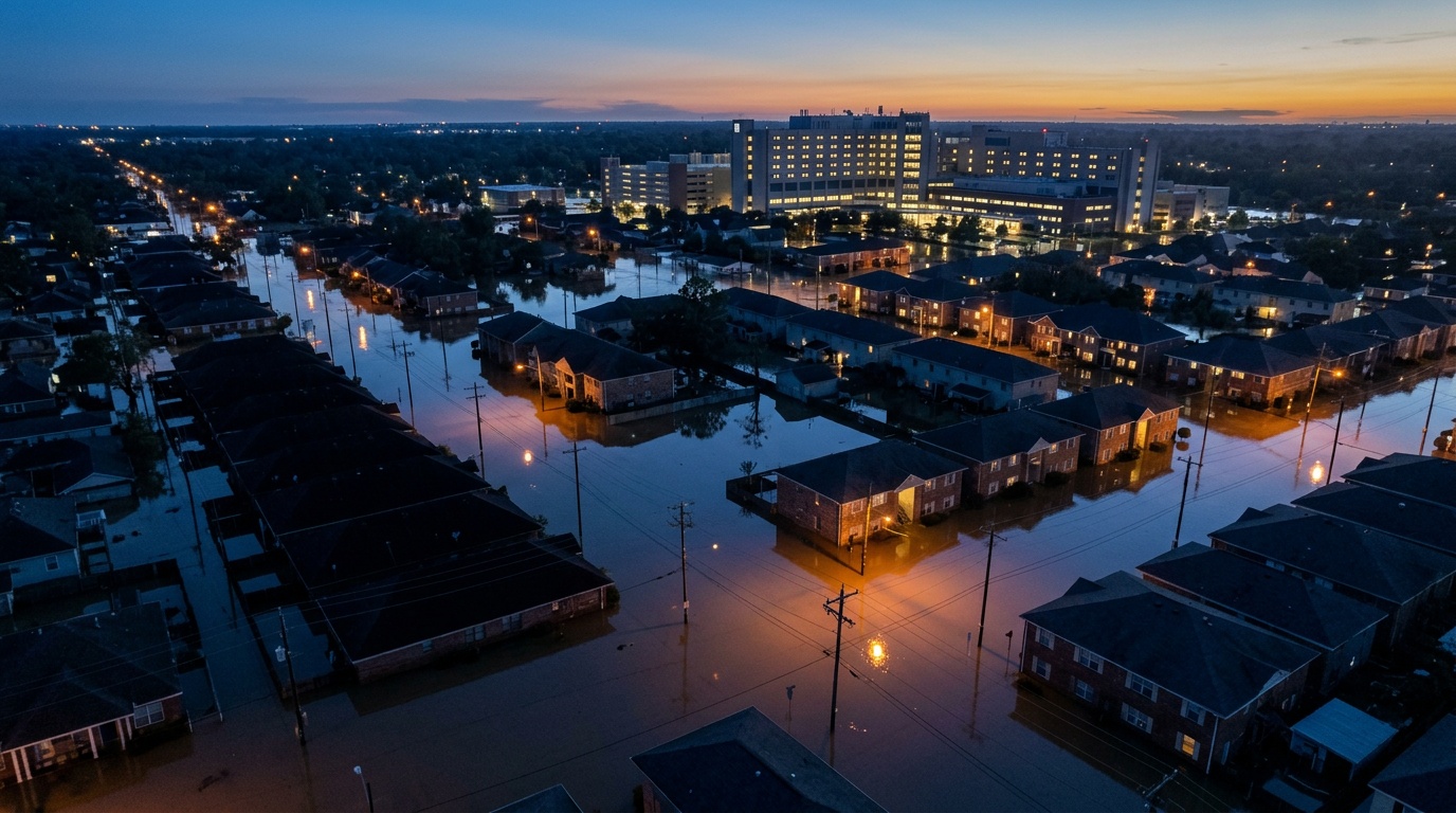 AI-generated image: Flooded neighborhood at dusk with some blocks dark and a hospital lit in the distance
