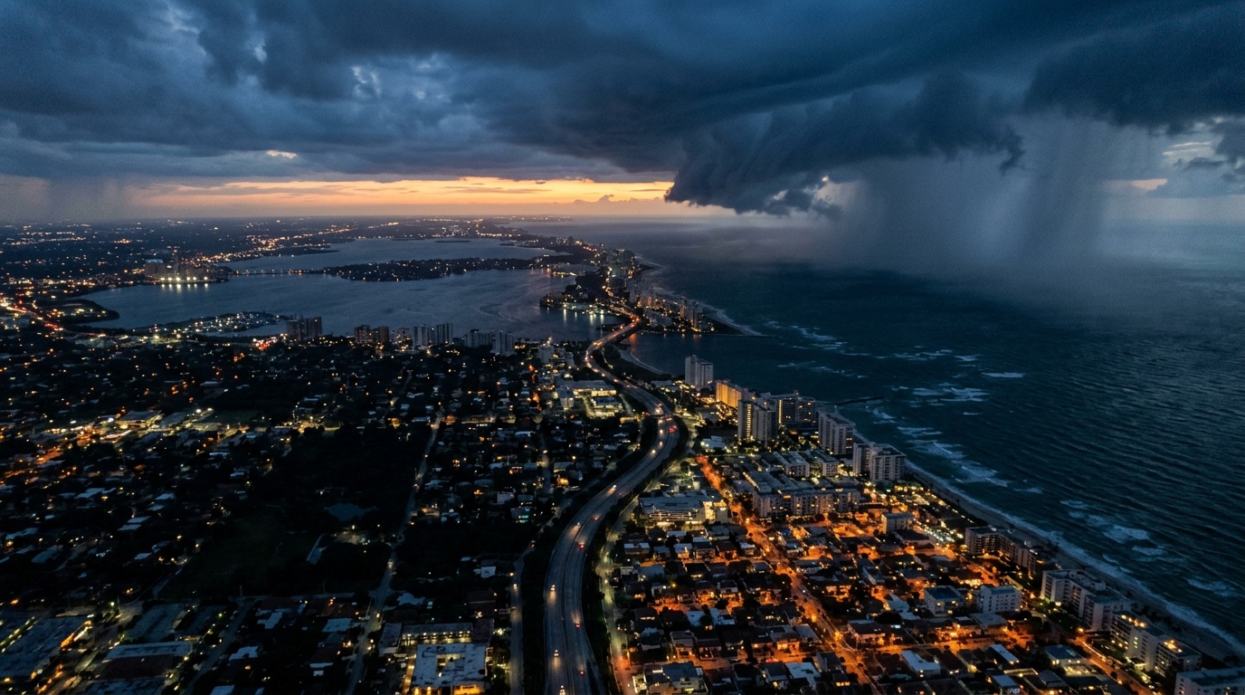 AI-generated image: Coastal city at dusk under an approaching storm, with some districts dark