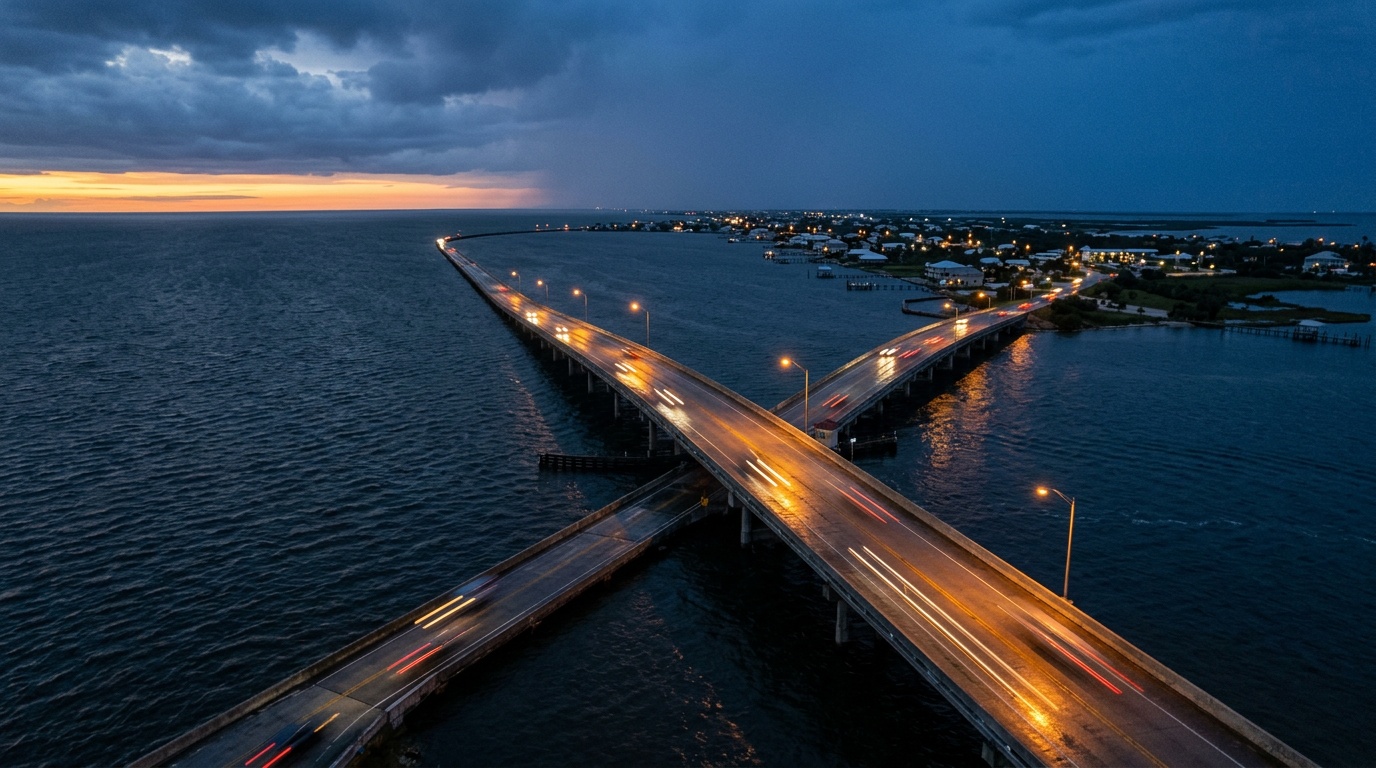AI-generated image: Coastal highway bridge over open water at dusk with car light trails