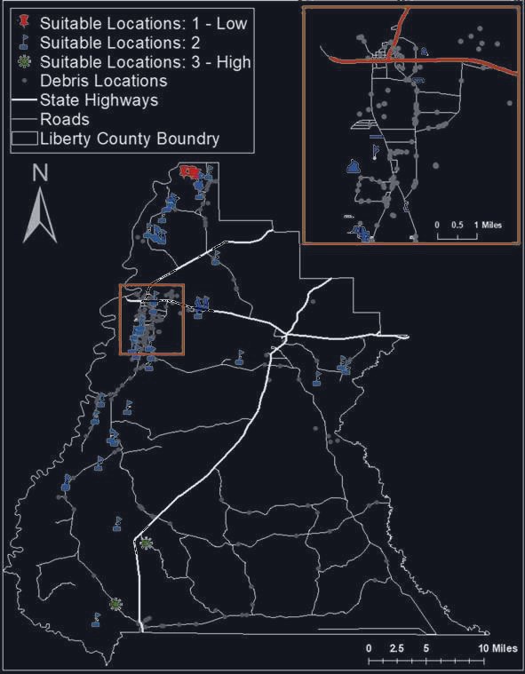 Map of Liberty County showing suitable site locations ranked low, average and high, debris locations, state highways and roads, with an inset of the main town