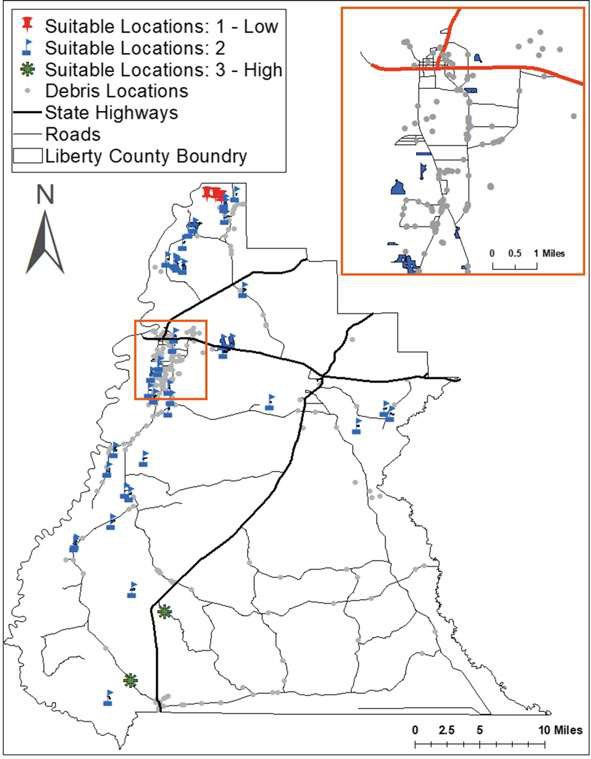 Map of Liberty County showing suitable site locations ranked low, average and high, debris locations, state highways and roads, with an inset of the main town