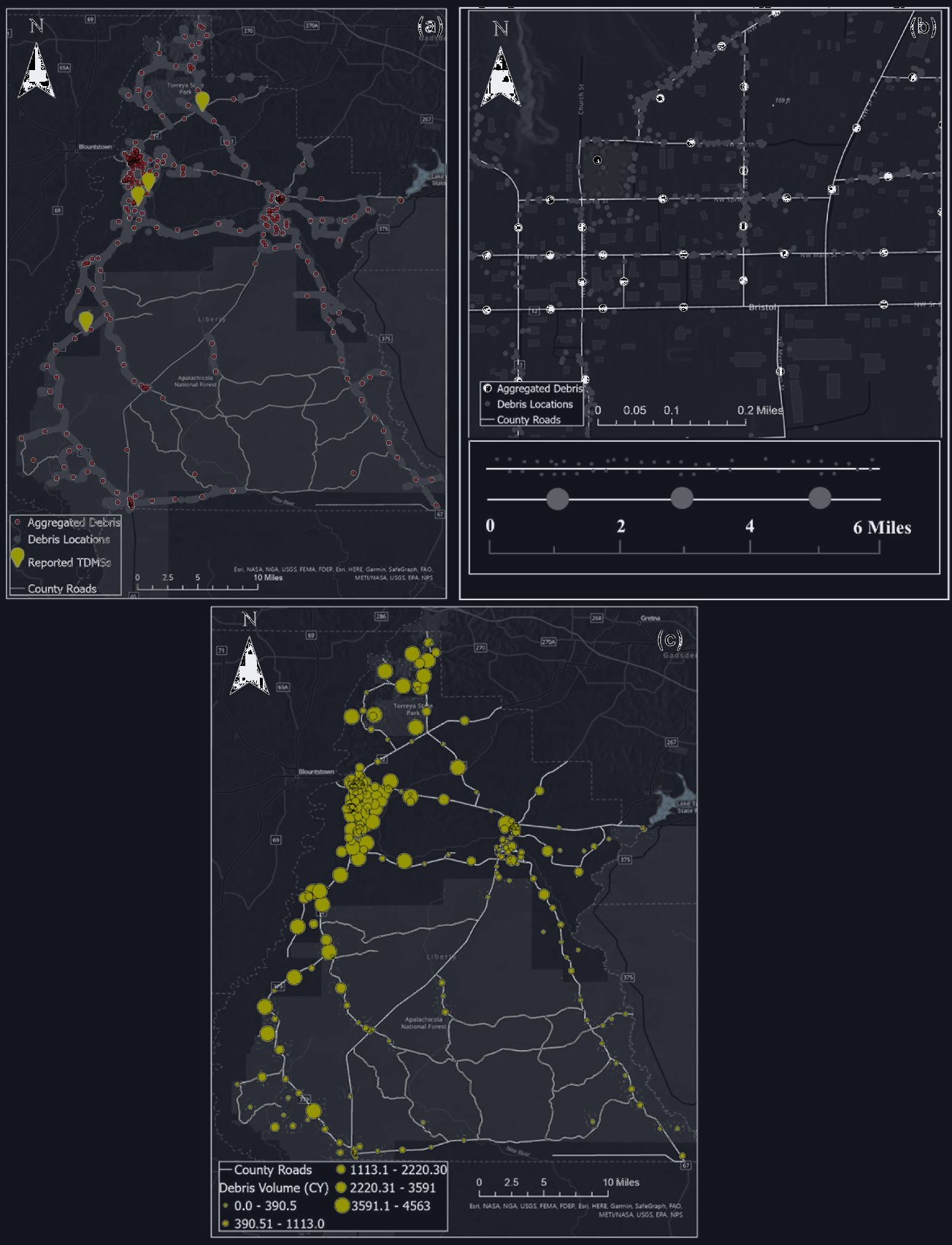 Maps of debris source locations and debris volume along Liberty County roads
