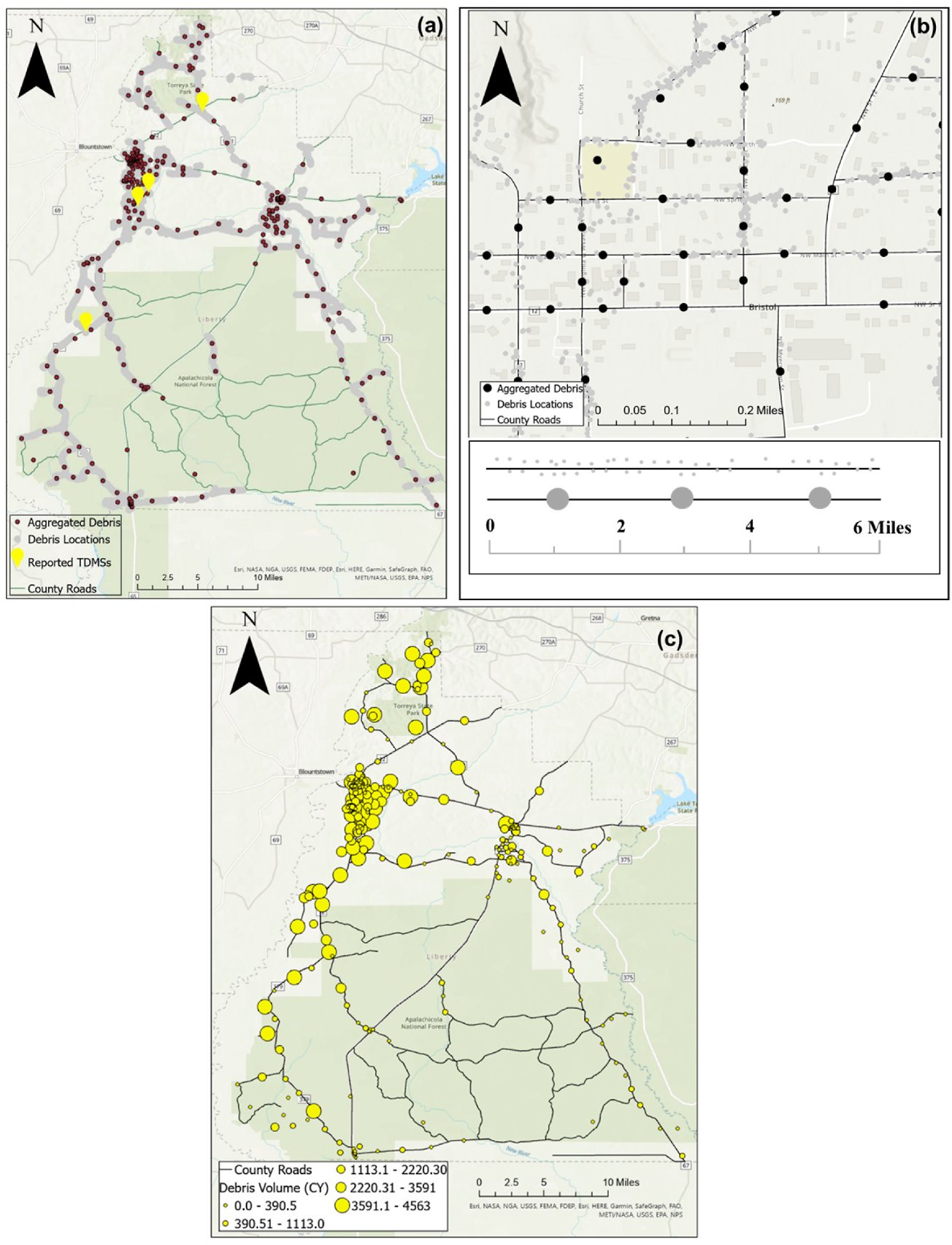Maps of debris source locations and debris volume along Liberty County roads