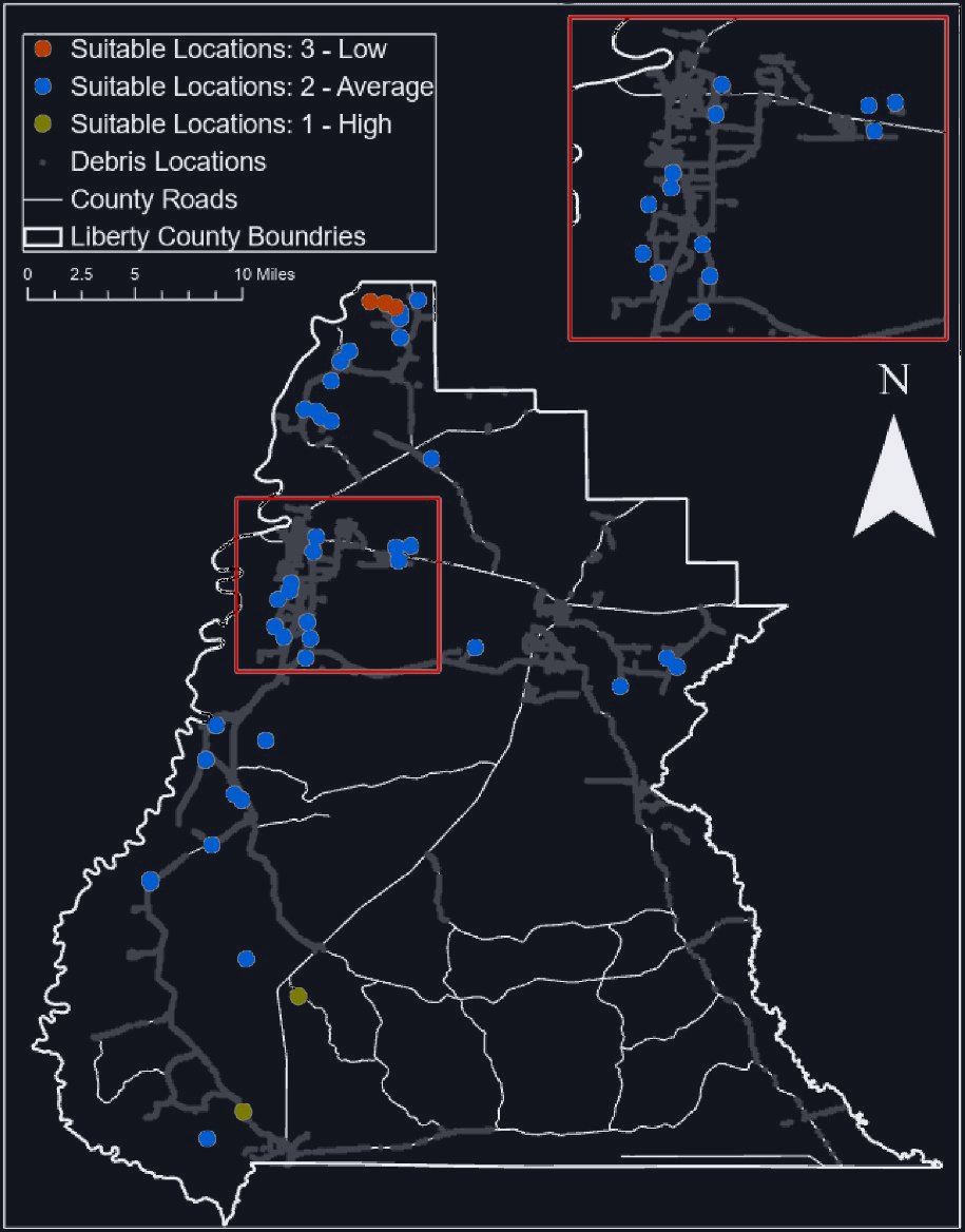 Map of Liberty County with suitable debris site locations rated low, average and high