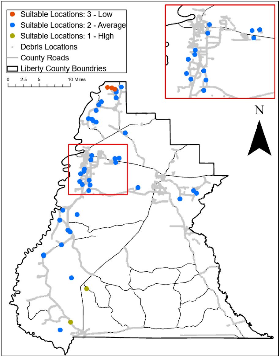 Map of Liberty County with suitable debris site locations rated low, average and high