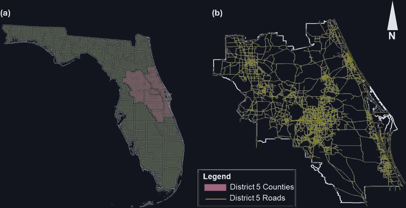 Maps of Florida highlighting the District 5 counties and the district's road network