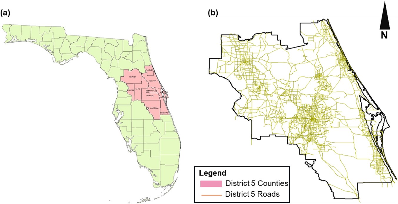 Maps of Florida highlighting the District 5 counties and the district's road network